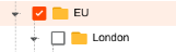 PrinterLogic folder tree showing a selected “EU” folder with a nested “London” subfolder
