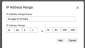 IP address range dialog showing fields for range name and start and end IP addresses, with options to add or cancel