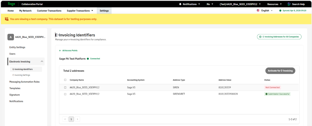 Electronic address with “Submission successful” status on the Test platform