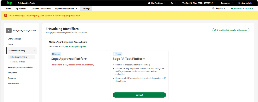 Sage Collaborative portal showing the Sage Approved Platform inactive and the Sage PA Test platform active