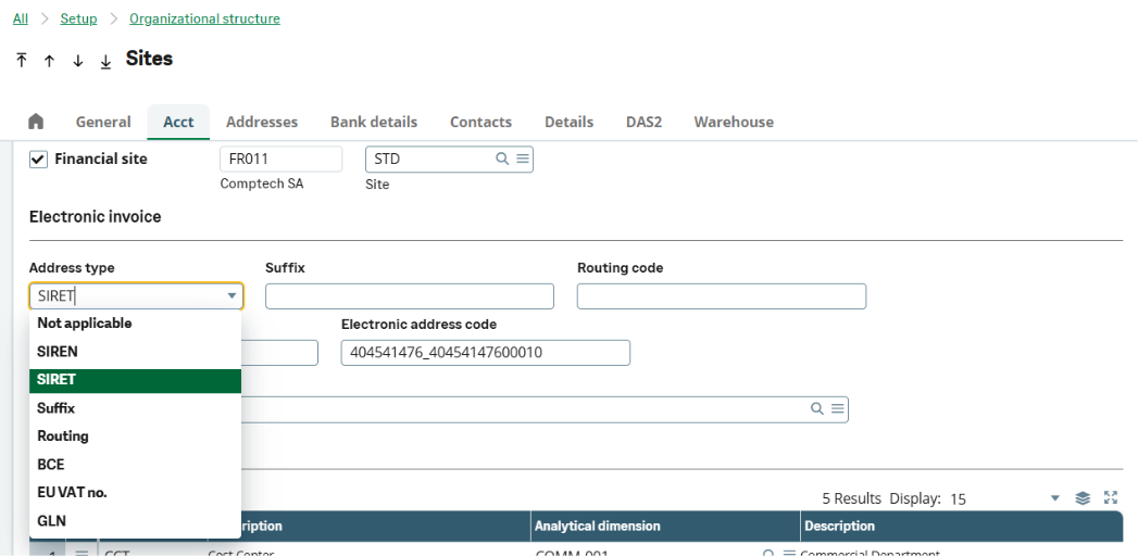 Sites function showing fields for electronic invoicing address