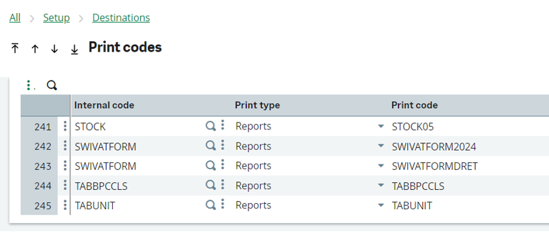 Image of the Print codes grid showing an Internal code linked to two print codes.