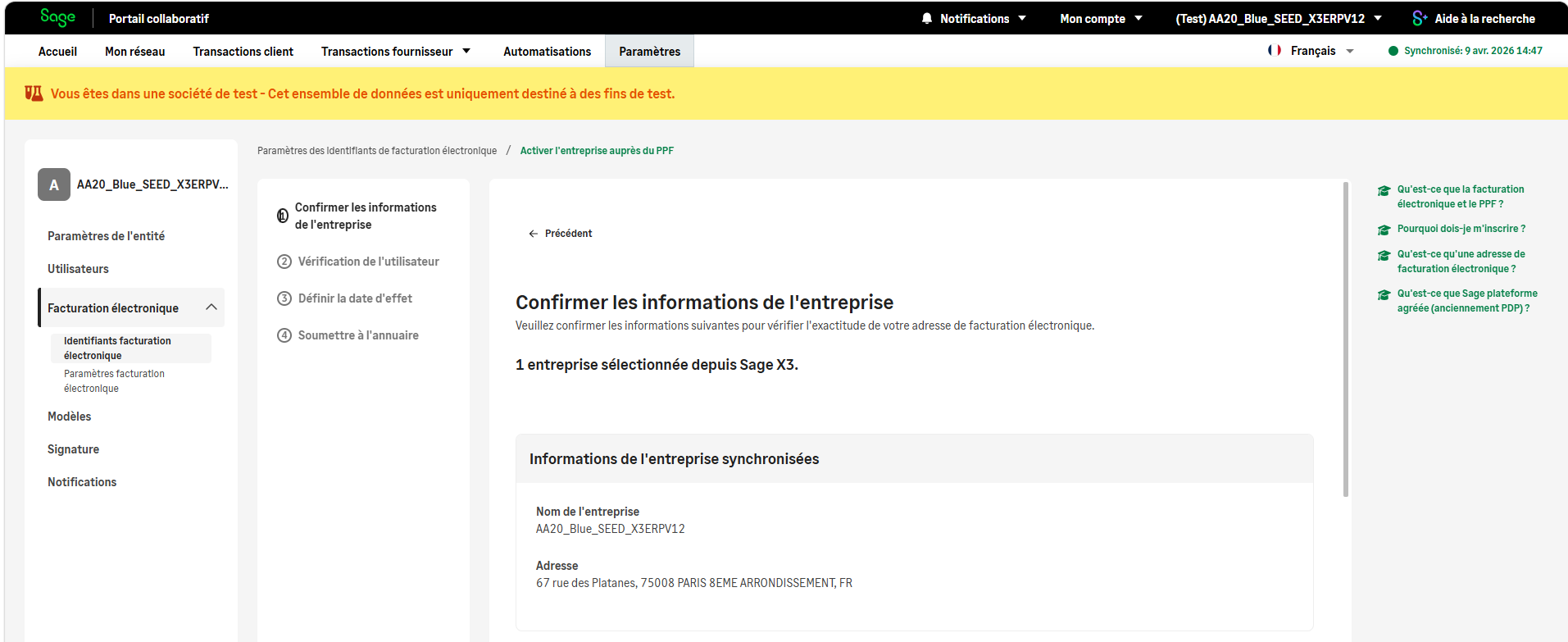 Activation de la société Étape d'activation de la société sur la plateforme de test du portail collaboratif Sage