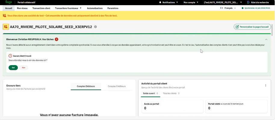 Société test Portail collaboratif Sage affichant une société de test identifiée par une bannière jaune et une icône de laboratoire