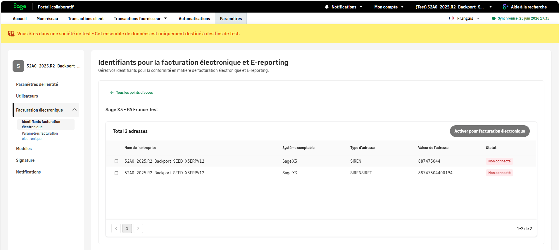 Adresses électroniques Détails des adresses électroniques pour la société sur la plateforme de test du portail collaboratif Sage
