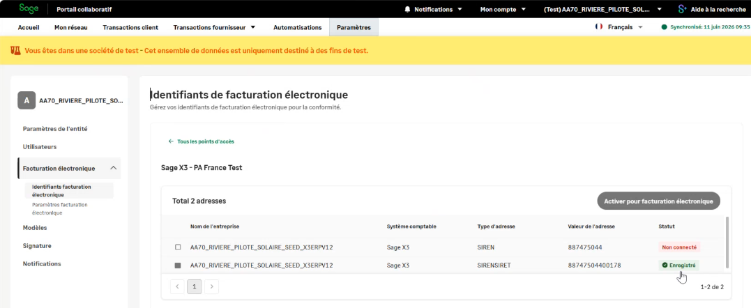 Adresse électronique avec le statut « Enregistrée » Adresse électronique avec le statut « Enregistrée » sur la plateforme de test