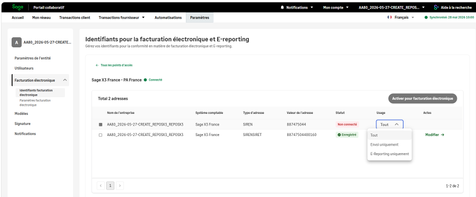 Adresses de facturation électronique mise à jour Sélection de l'usage pour une adresse électronique sur la Plateforme Agréée Sage