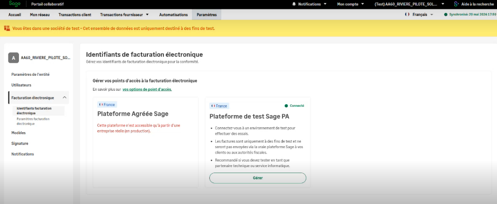 Plateforme de Test Sage PA Portail collaboratif Sage affichant la Plateforme Agréée Sage inactive et la plateforme de test Sage PA active.
